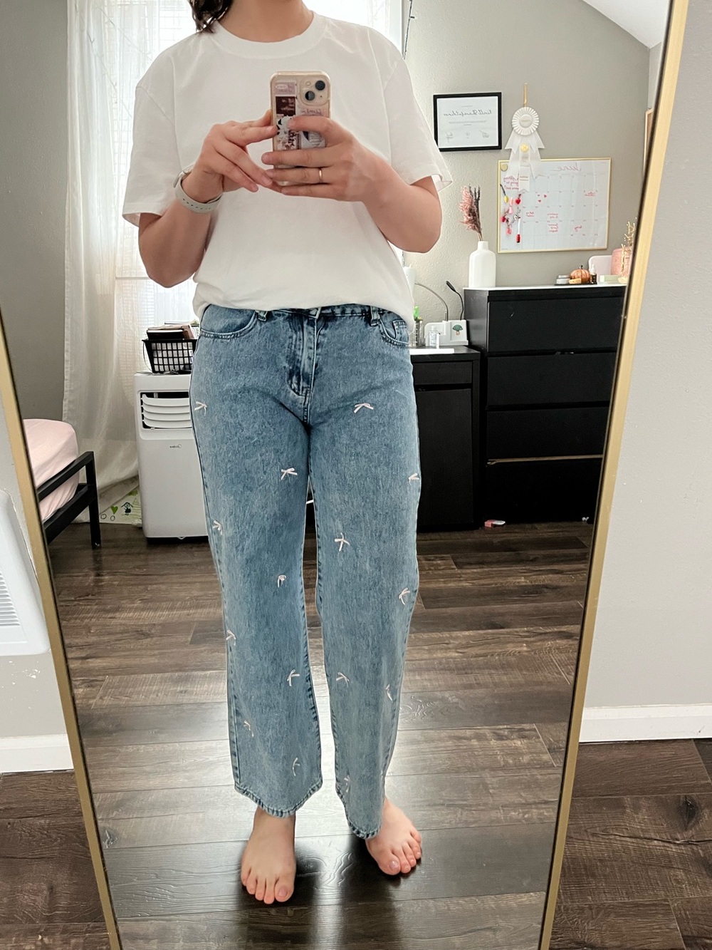 Light Blue Straight-Leg Jeans - Women with bows